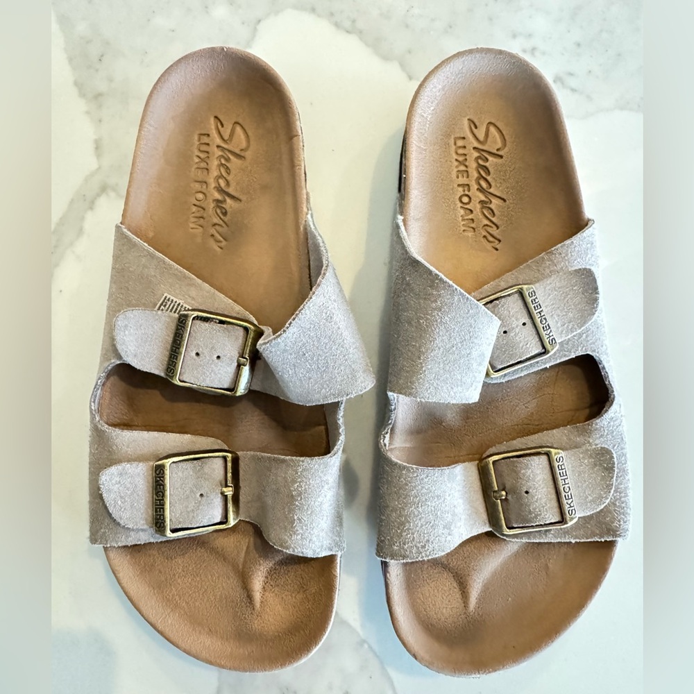 Skechers Granola Luxe Foam Dual Strap Slide Sandals. Women’s size 6. Taupe - Picture 2 of 16